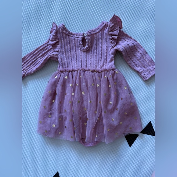 Just Lizzy|Baby girl mauve Pink Long Sleeve Dress w tulle Gold Polka Dots•0-3M - Picture 3 of 6